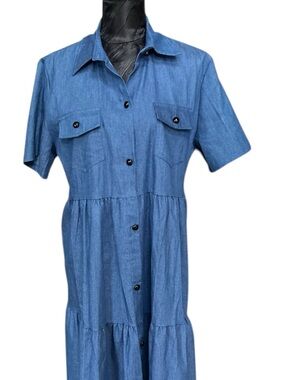 Denim Look Tiered Button Front Midi Dress Blue Size 3X (Fits XL-2X)